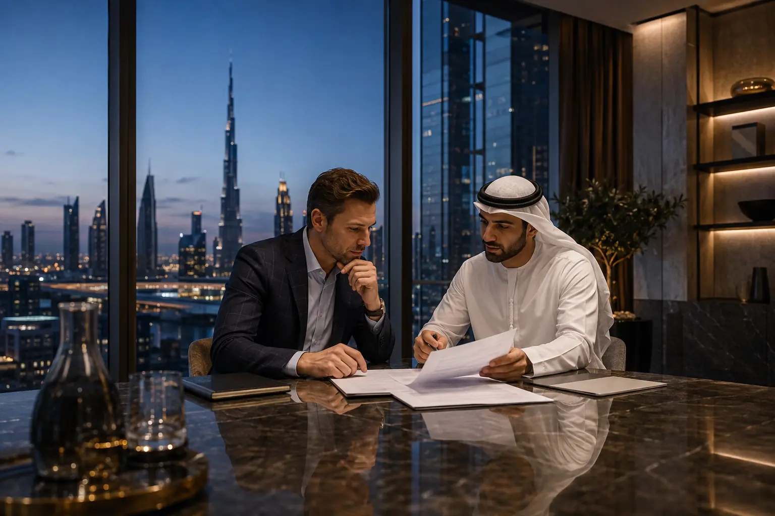 Founder and advisor reviewing a UAE company formation plan in Dubai